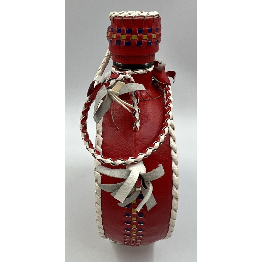 Vintage Leather Wrapped Decanter Bottle Hearts Red Folk Art Braid Art - Picture 5 of 11